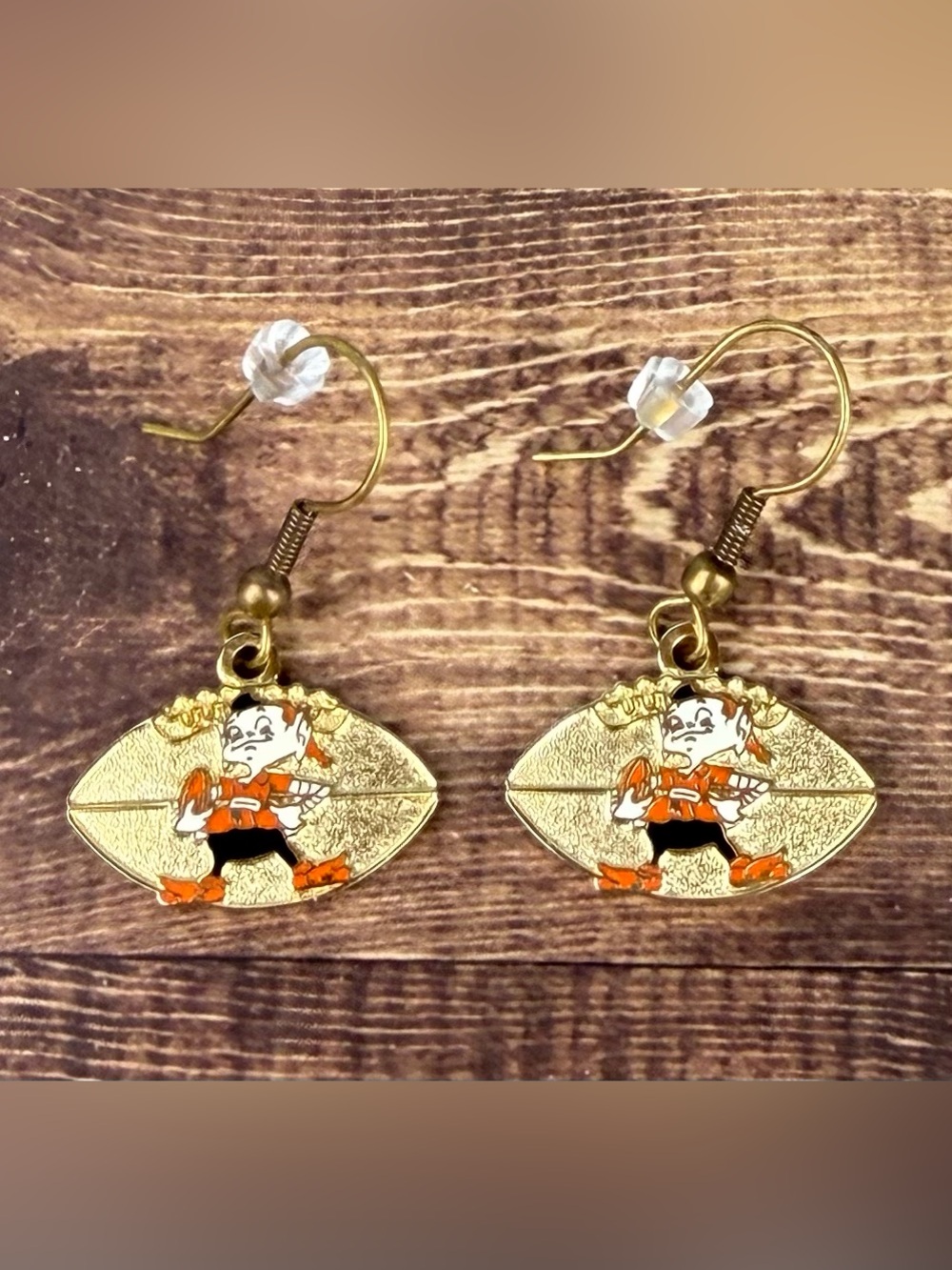 Vintage Cleveland Browns Brownie the Elf Dangle Earrings Enamel Football NFL
